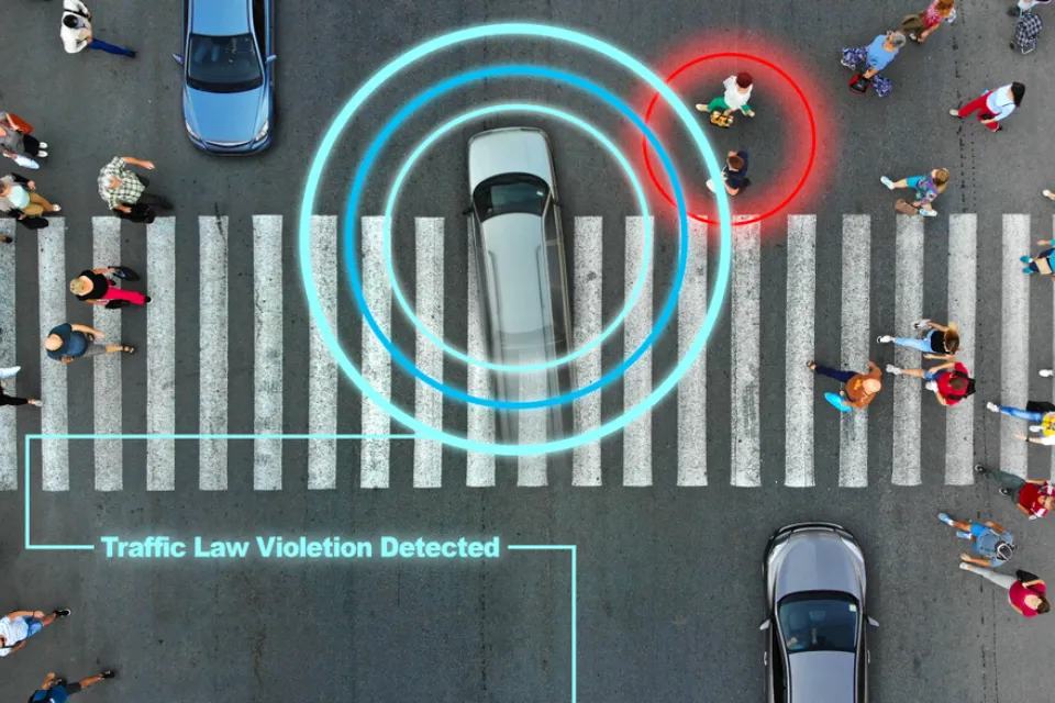 Aerial view of crosswalk with digital 'smart' crosswalk concept